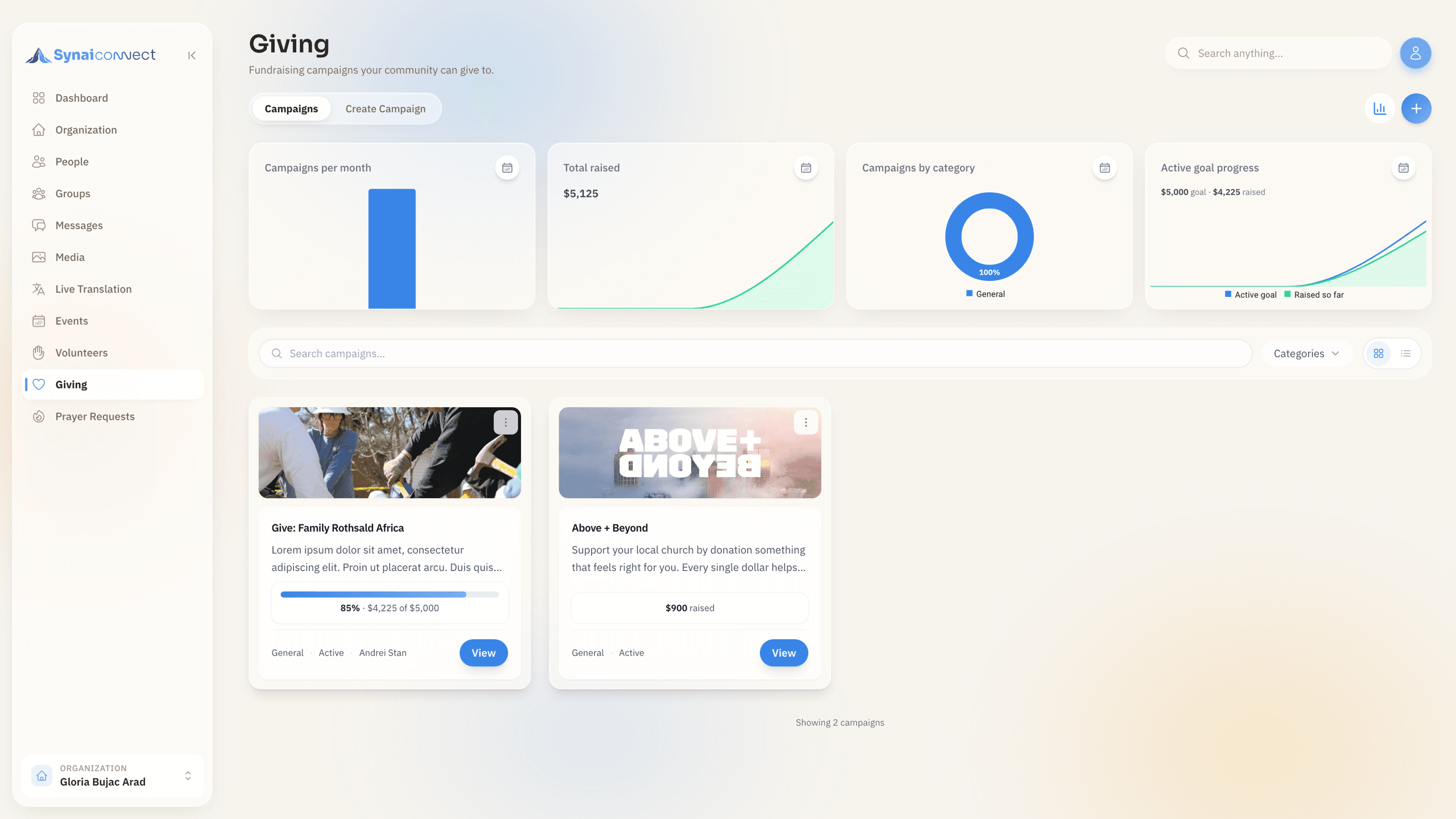 Giving campaigns with live progress, totals raised and category breakdown